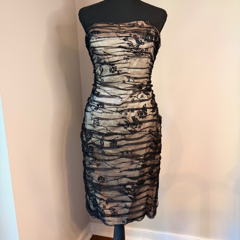 Rickie Freeman Dress Women 12 Black Champagne Silk Lace Sequin Ruched Strapless